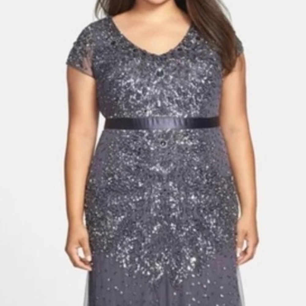 Adrianna Papell gown 14W in gunmetal gray, v-neck, cap sleeves